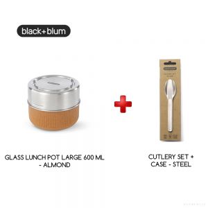 Black + Blum GLASS LUNCH POT LARGE 600ML - ALMOND + CUTLERY SET + CASE - STEEL 