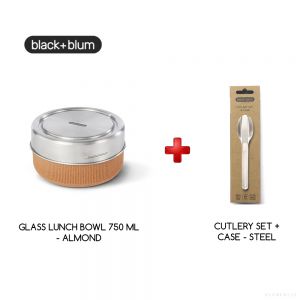 Black + Blum GLASS LUNCH BOWL 750ML - ALMOND + CUTLERY SET + CASE - STEEL 