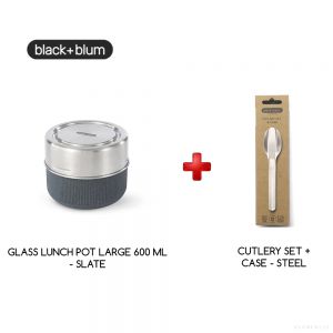 Black + Blum GLASS LUNCH POT LARGE 600ML - SLATE + CUTLERY SET + CASE - STEEL 