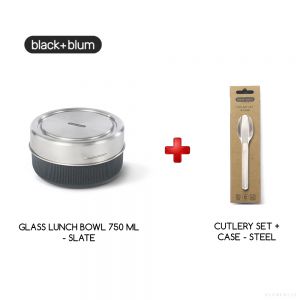 Black + Blum GLASS LUNCH BOWL 750ML - SLATE + CUTLERY SET + CASE - STEEL 